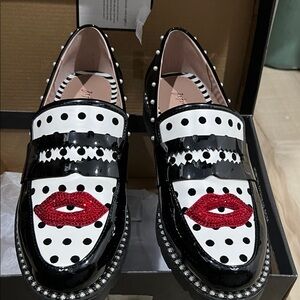 Betsey Johnson Black and White Polka Dot Flats with Red Lips